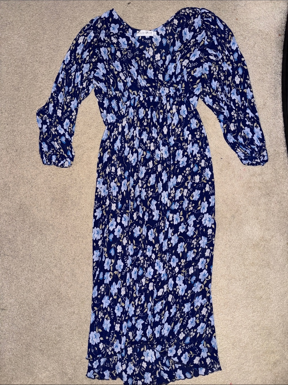 Women's Navy Floral Midi Dress with Long Sleeves